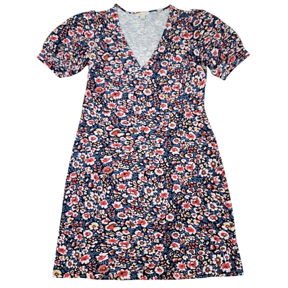 Boden V-neck Floral Mini Dress Cotton Short Puff Sleeves  Blue Red Women’s 8L - Picture 6 of 17